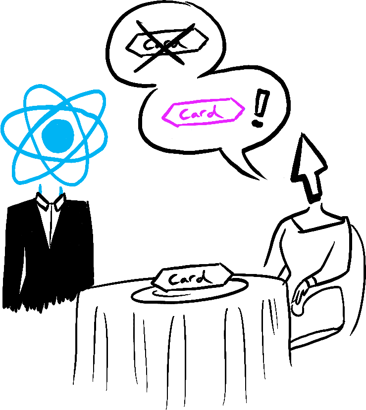 React כמלצר במסעדה מגיש למשתמש ממשק Card. המשתמש מבקש כרטיס ורוד במקום שחור.